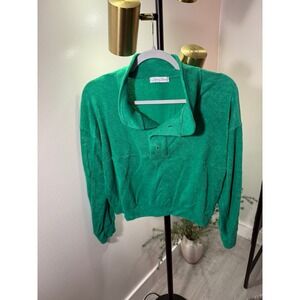 Emory Park Kelly Green Terry Cloth Polo Pullover Cropped Long Sleeve Top Small